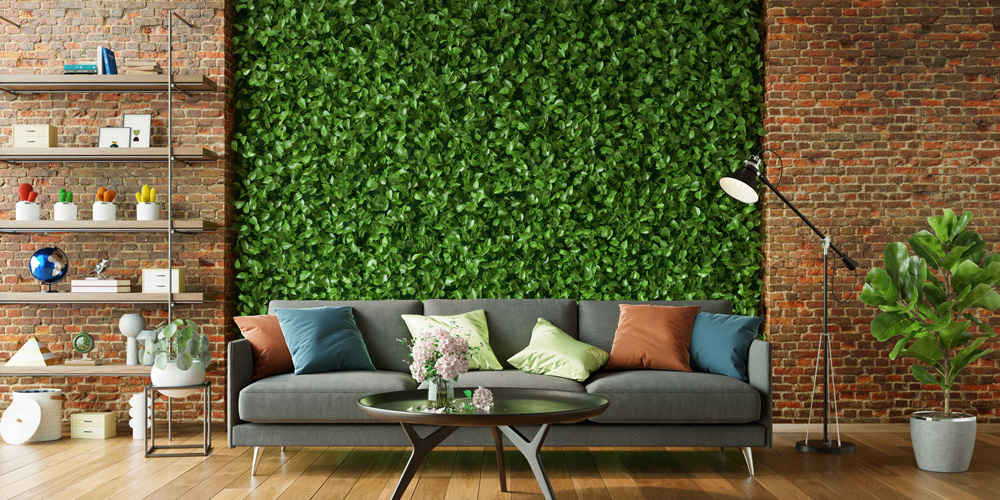 Artificial ivy and artificial turf in a home living space